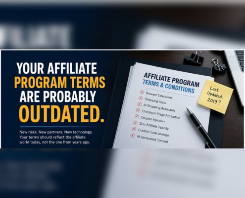 Affiliate program terms document showing outdated rules and missing protections for browser extensions, shopping apps, AI content, coupon leakage, and compliance.