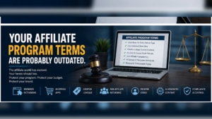 Affiliate program terms document showing outdated rules and missing protections for browser extensions, shopping apps, AI content, coupon leakage, and compliance.