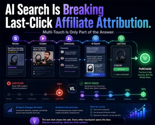 AI search disrupting last-click affiliate attribution, with affiliate dashboards, partner touchpoints, and multi-touch attribution paths.