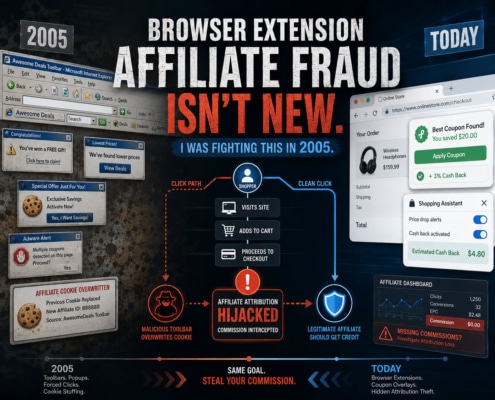 Browser extension affiliate fraud showing old toolbars, modern coupon extensions, and affiliate commission attribution being intercepted.