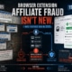 Browser extension affiliate fraud showing old toolbars, modern coupon extensions, and affiliate commission attribution being intercepted.
