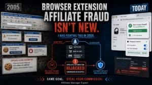 Browser extension affiliate fraud showing old toolbars, modern coupon extensions, and affiliate commission attribution being intercepted.