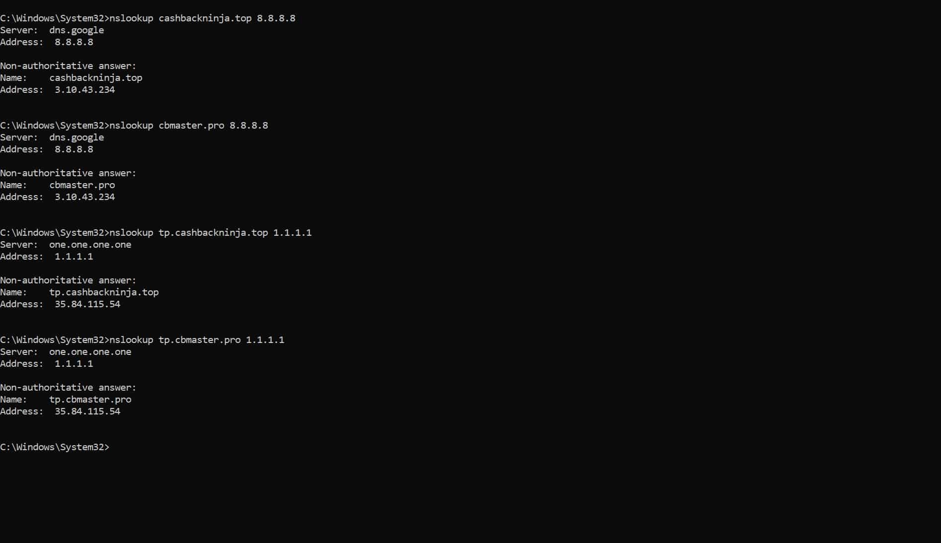 nslookup output showing cashbackninja.top and cbmaster.pro both resolving to 3.10.43.234, and their tp. subdomains both resolving to 35.84.115.54
