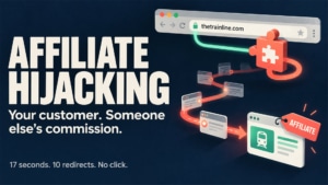 Affiliate hijacking: a browser extension diverts a direct Trainline visit through intermediaries, attaching affiliate credit to the customer’s arrival.