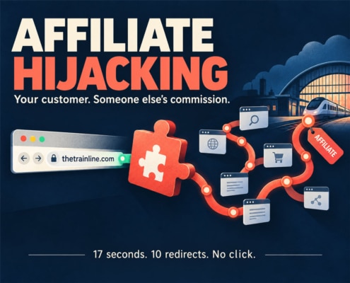 A browser extension reroutes a direct website visit through affiliate tracking. Text reads: ‘Your customer. Someone else’s commission. 17 seconds. 10 redirects. No click.’