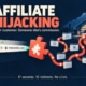 A browser extension reroutes a direct website visit through affiliate tracking. Text reads: ‘Your customer. Someone else’s commission. 17 seconds. 10 redirects. No click.’