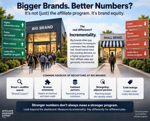 Infographic comparing big-and small-brand affiliate programs, showing how strong conversion and volume can mask recaptured rather than incremental demand.