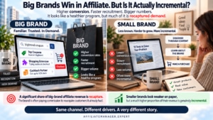 Big-and small-brand affiliate journeys compared, showing how coupons, extensions and cashback can recapture demand while content creates incremental sales.