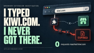 Browser extension diverting a typed kiwi.com address through affiliate links to an expired page instead of reaching the merchant.