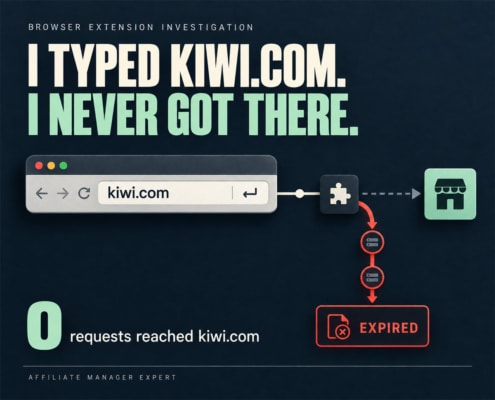 Browser extension diverting a typed kiwi.com address through affiliate links to an expired page instead of reaching the merchant.