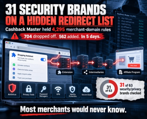 Infographic showing Cashback Master's hidden browser extension redirect list, containing 4,295 merchant domains, including 31 of 63 security and privacy brands investigated.