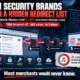 Infographic showing Cashback Master's hidden browser extension redirect list, containing 4,295 merchant domains, including 31 of 63 security and privacy brands investigated.