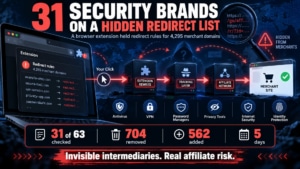 Browser extension redirect investigation showing 31 security brands on a hidden redirect list, with affiliate traffic passing through multiple intermediaries.
